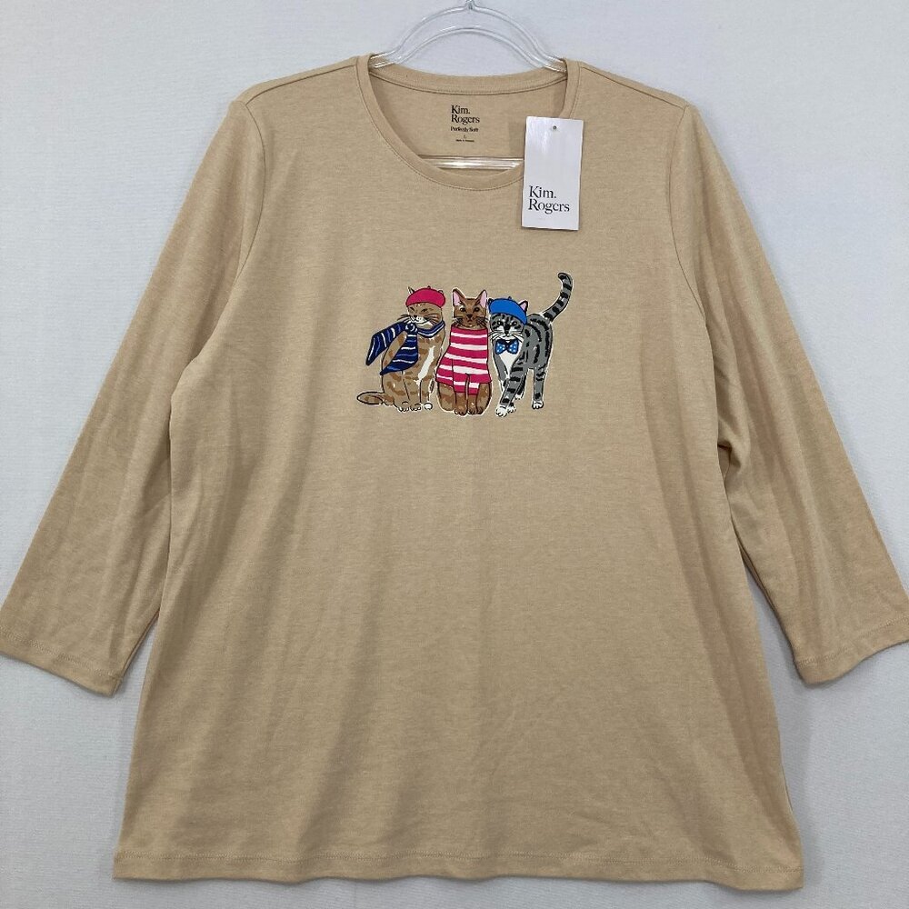 New Kim Rogers Large Tan Cream Cat Graphic Print 3/4 Sleeve Stretch Knit Top